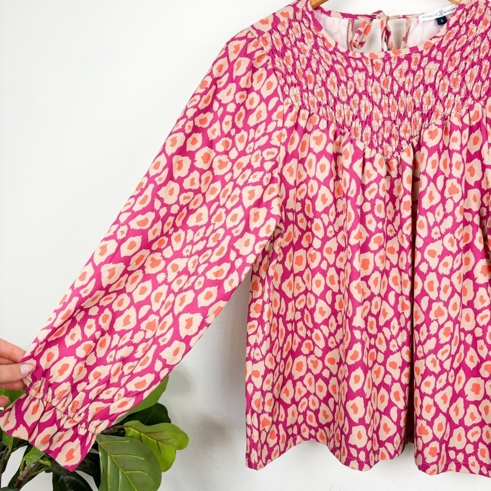 Michelle McDowell Pink Leopard Print Smocked Blouse Sz S - Picture 8 of 10